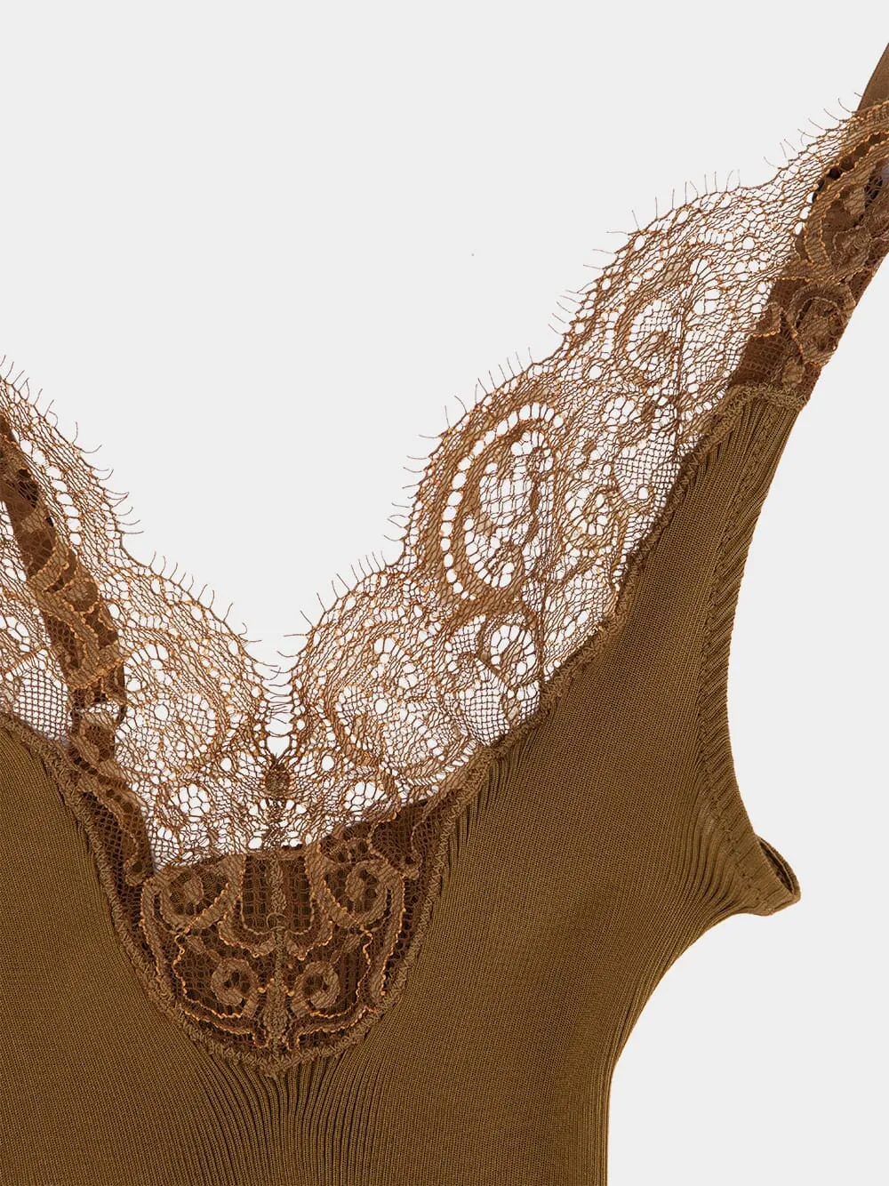 Caramel Lace-Trim Ribbed Silk Tank Top sold by Fashion Clinic product image thumbnail 3