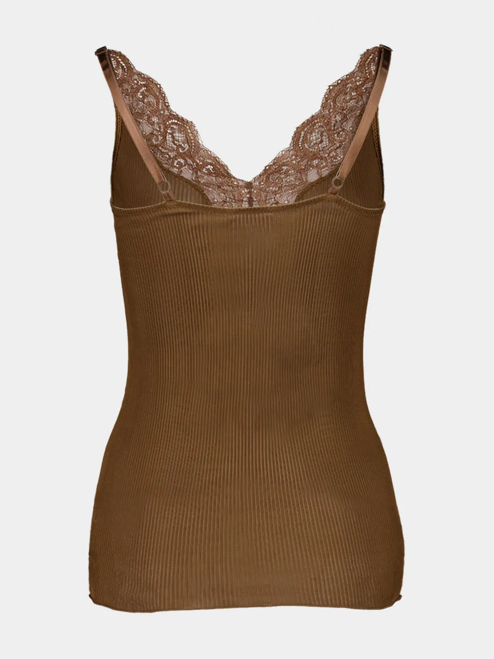 Caramel Lace-Trim Ribbed Silk Tank Top sold by Fashion Clinic product image thumbnail 2