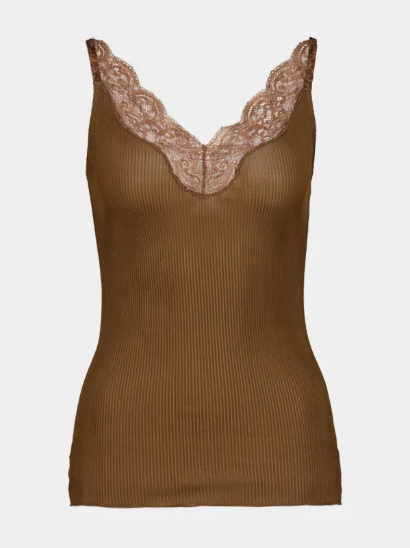 Caramel Lace-Trim Ribbed Silk Tank Top sold by Fashion Clinic