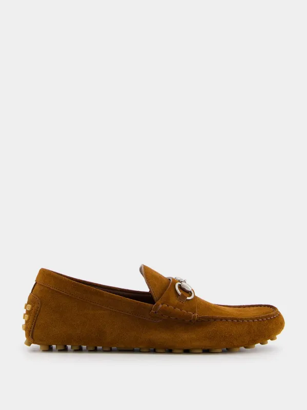 Cuir Brown Suede Horsebit Moccasins made by Gucci