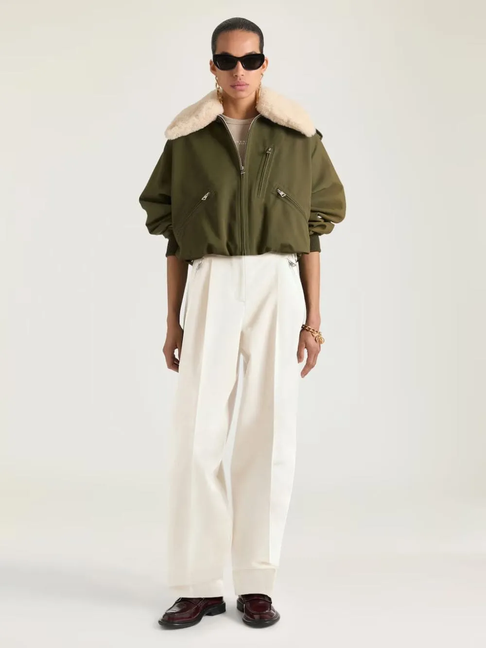 Khaki Cotton Wool Bomber with Shearling Collar sold by Fashion Clinic product image thumbnail 2
