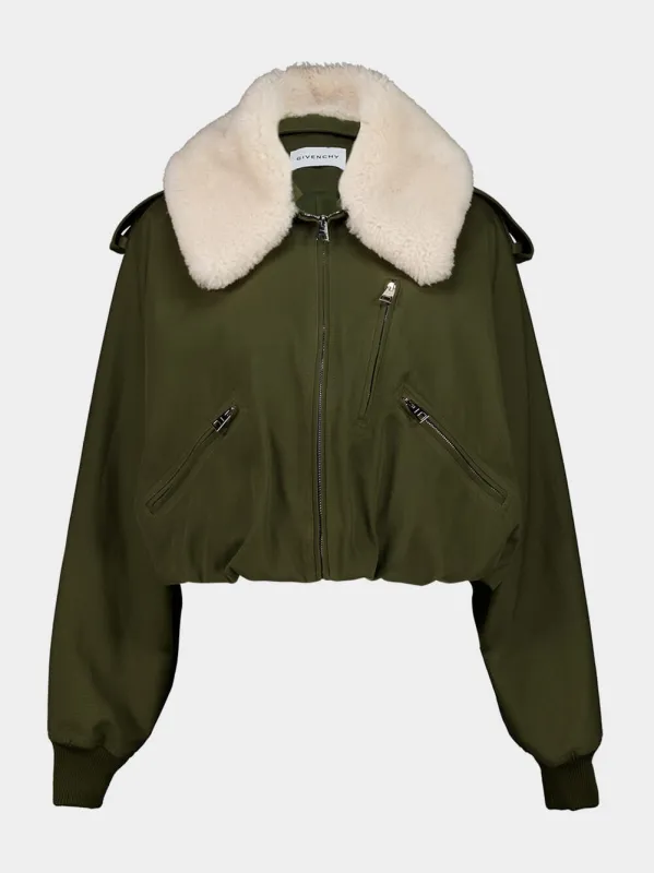 Khaki Cotton Wool Bomber with Shearling Collar sold by Fashion Clinic