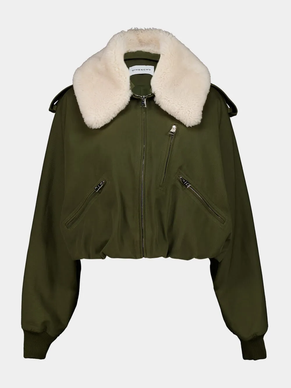Khaki Cotton Wool Bomber with Shearling Collar sold by Fashion Clinic