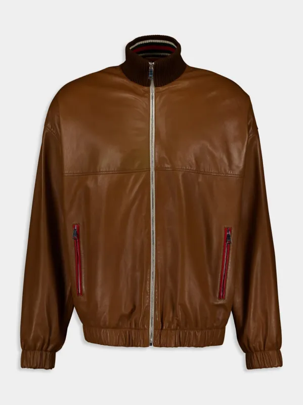 Brown Leather Bomber Jacket sold by Fashion Clinic