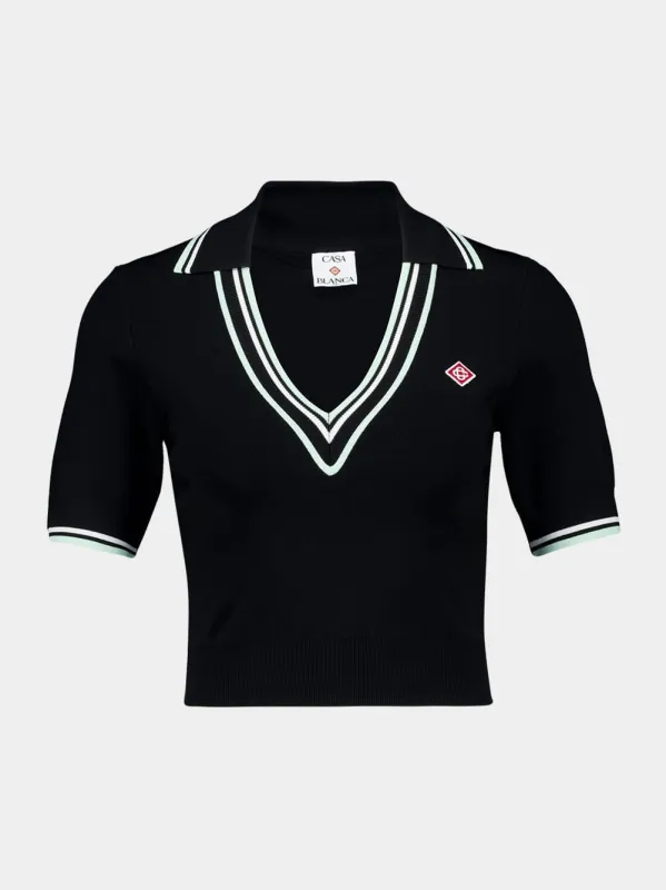 Black V-Neck Short-Sleeve Polo in Viscose sold by Fashion Clinic