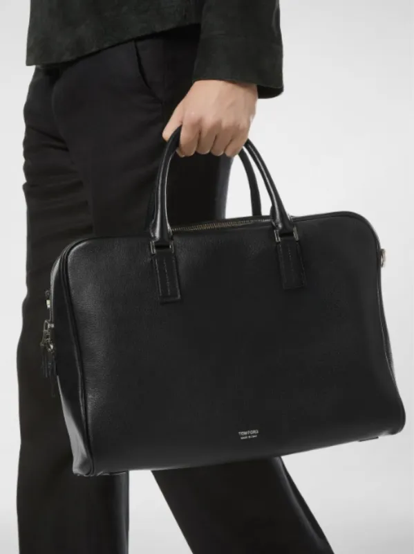 Black Grain Leather Minimal Briefcase sold by Fashion Clinic