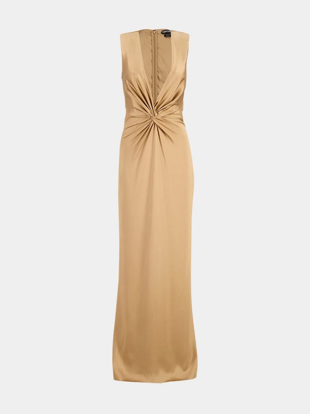 Golden Brown Deep V-Neck Twist Front Silk Evening Dress sold by Fashion Clinic