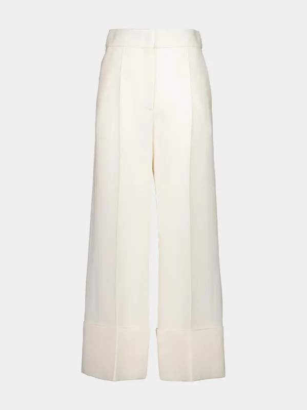Ivory Wide-Leg Virgin Wool Crepe Trousers sold by Fashion Clinic