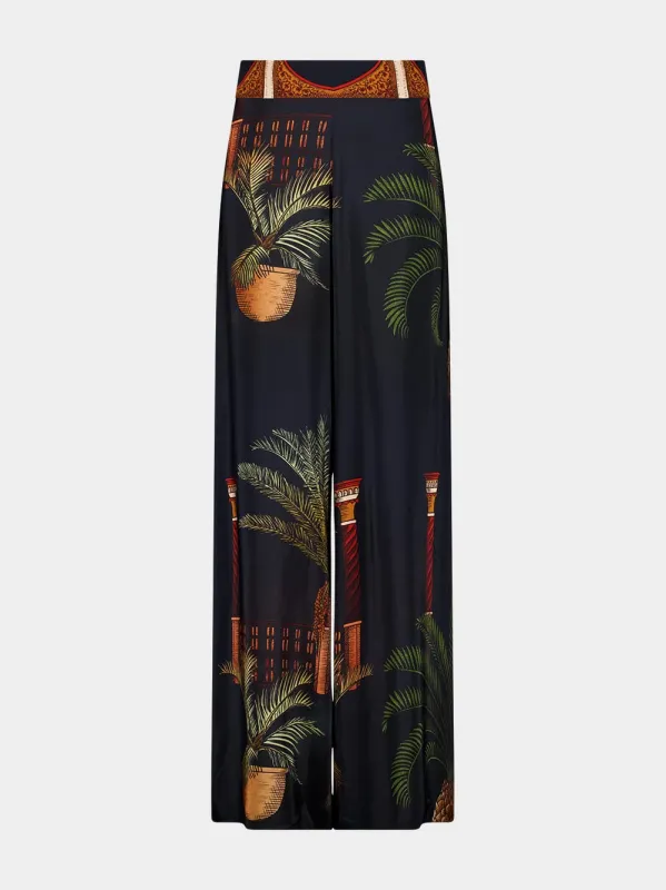 Navy Wide-Leg Mystic Motif Silk Pants made by Johanna Ortiz