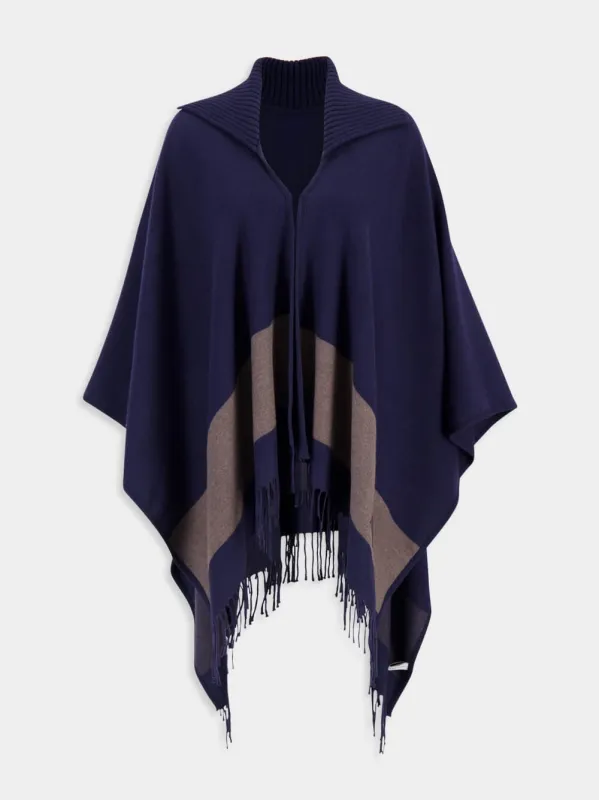 Navy Blue Fringed Wool Cape sold by Fashion Clinic