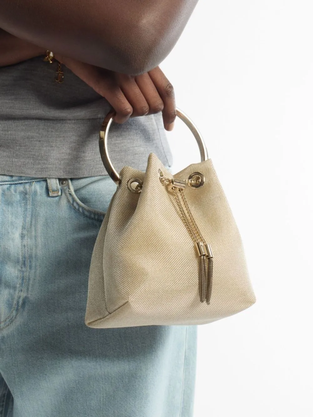 Champagne Bon Bon Light Gold Metallic Mesh Bucket Bag sold by Fashion Clinic product image thumbnail 2