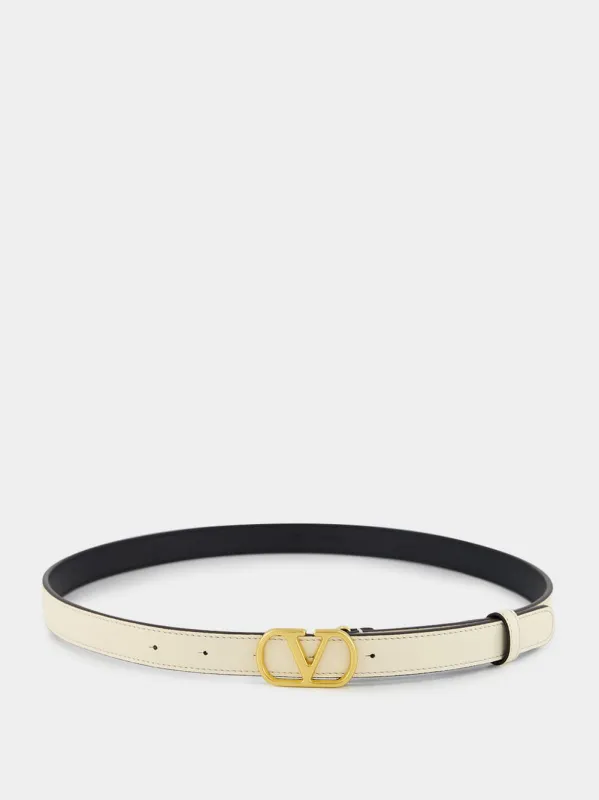 Ivory Shiny Calfskin Belt with VLogo Buckle sold by Fashion Clinic