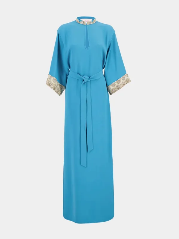 Celestial Blue Embroidered Cady Couture Silk Gown made by Valentino Garavani