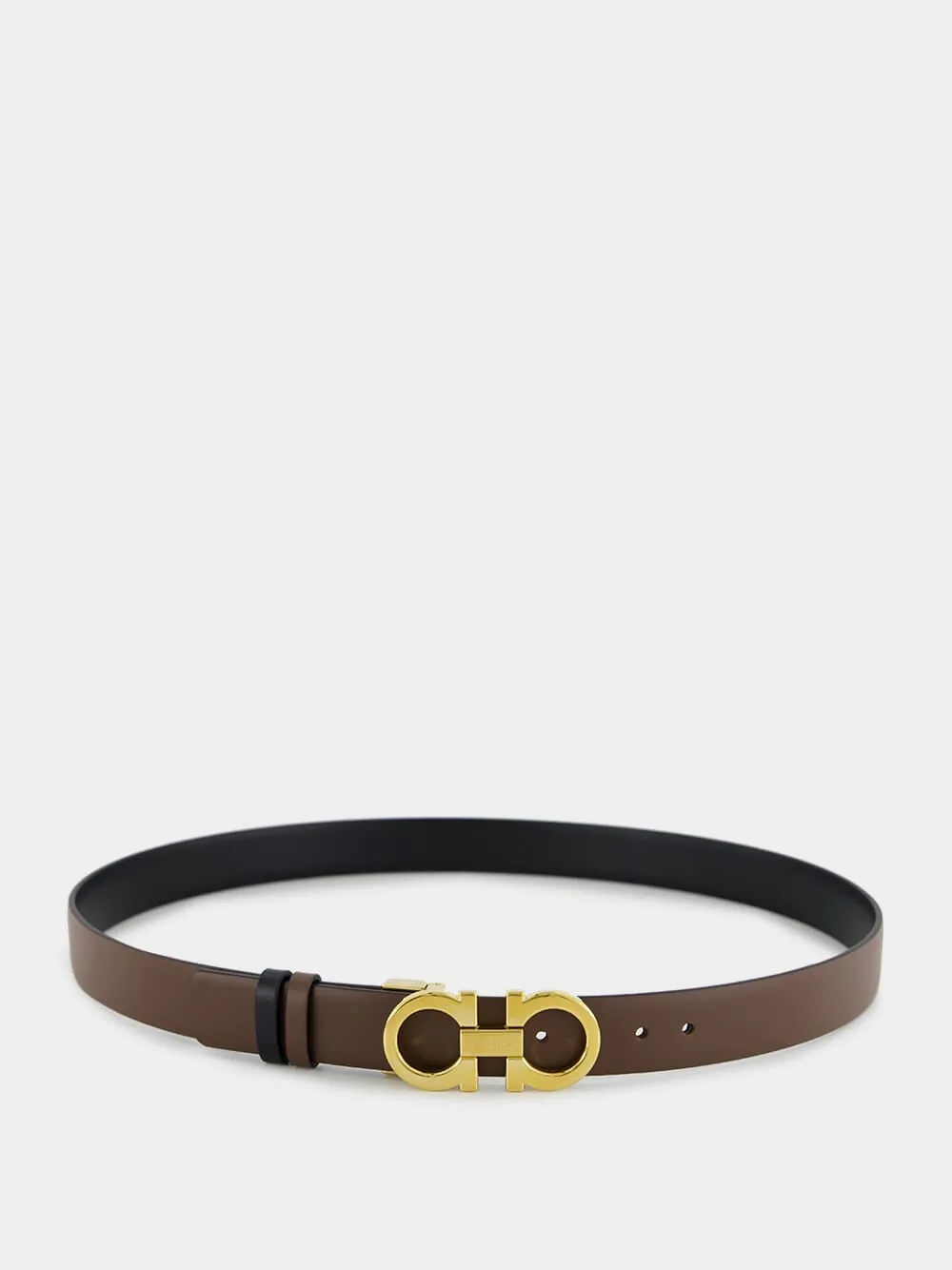 Reversible Gancini Belt in Cocoa and Black sold by Fashion Clinic