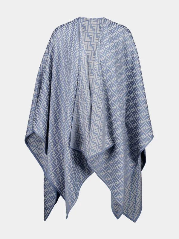Blue Wool and Silk FF Jacquard Poncho made by Fendi