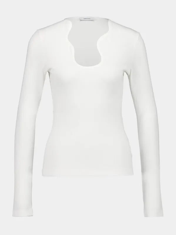 White Ribbed Long-Sleeve Top with Sculpted Neckline sold by Fashion Clinic