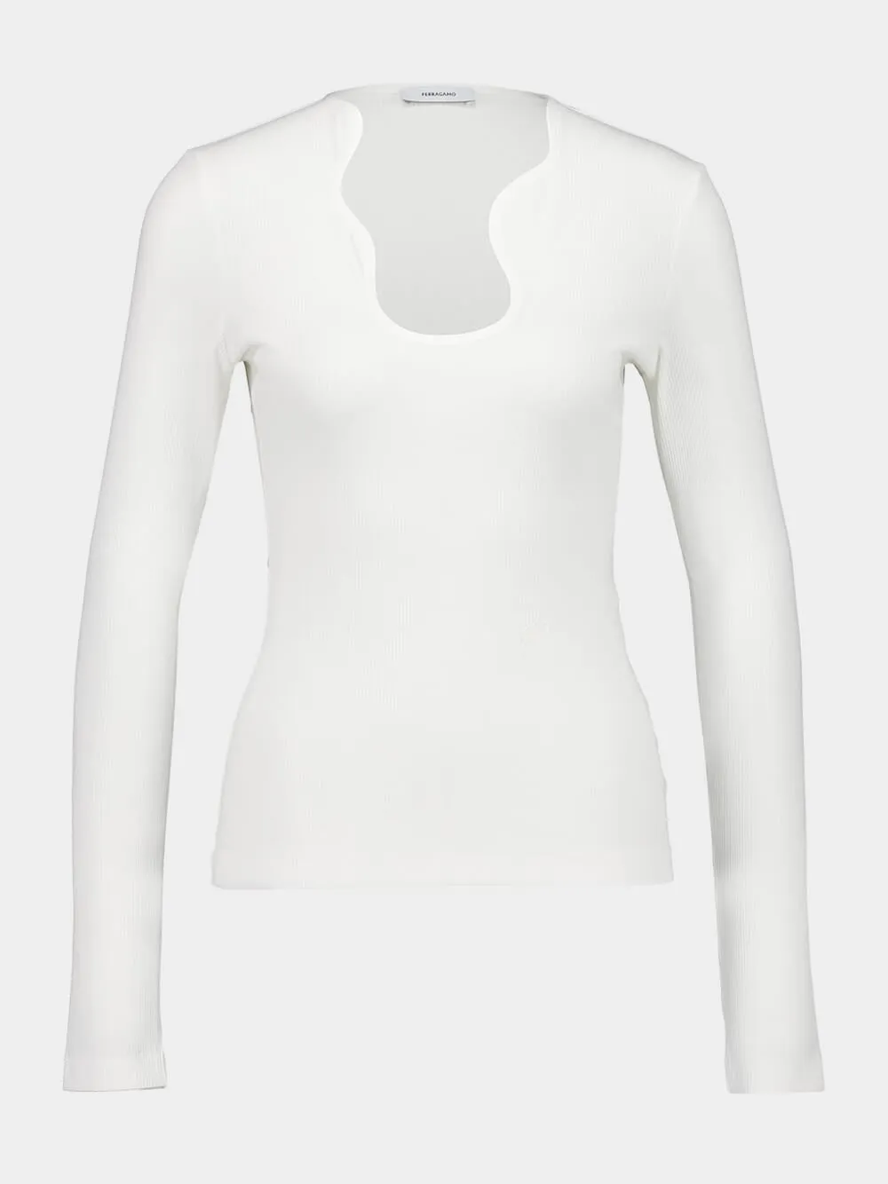 White Ribbed Long-Sleeve Top with Sculpted Neckline sold by Fashion Clinic