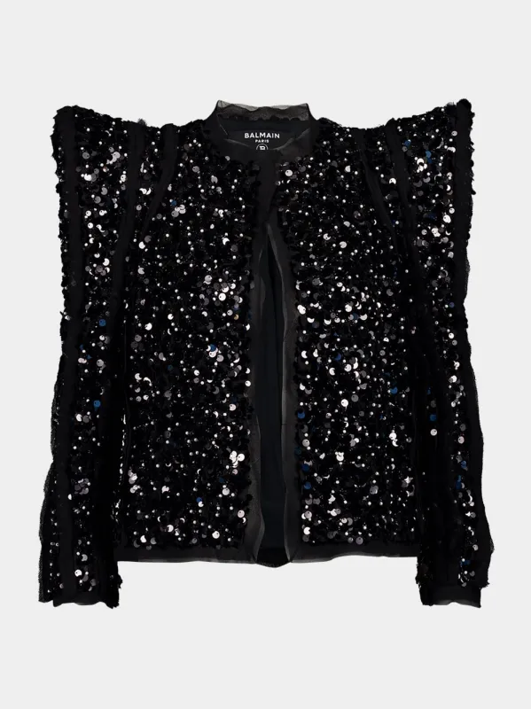 Black Sequin Pagoda Shoulder Jacket sold by Fashion Clinic