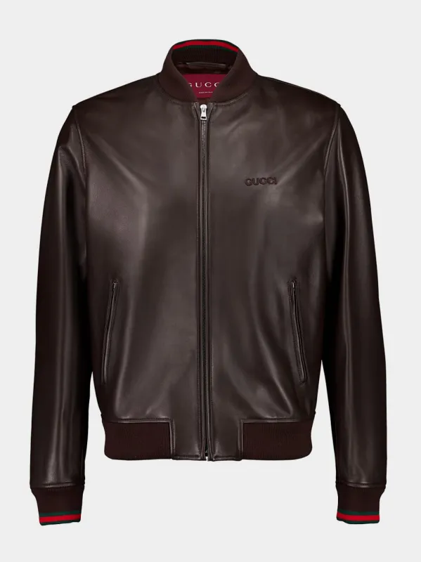 Black Leather Bomber Jacket with Web sold by Fashion Clinic