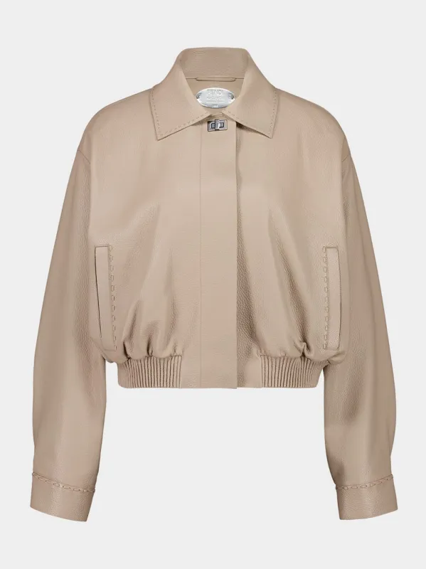Dove Grey Leather Bomber Jacket made by Fendi