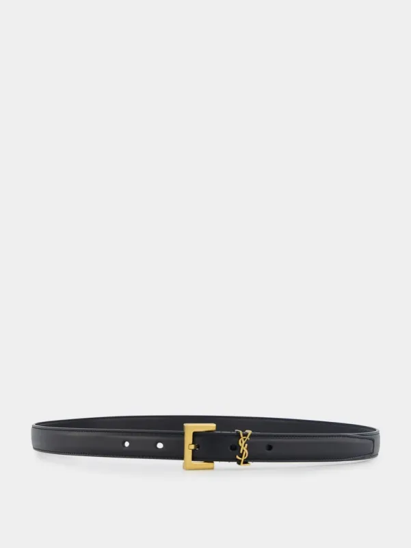 Cassandre Thin Belt with Square Buckle in Black Smooth Leather sold by Fashion Clinic