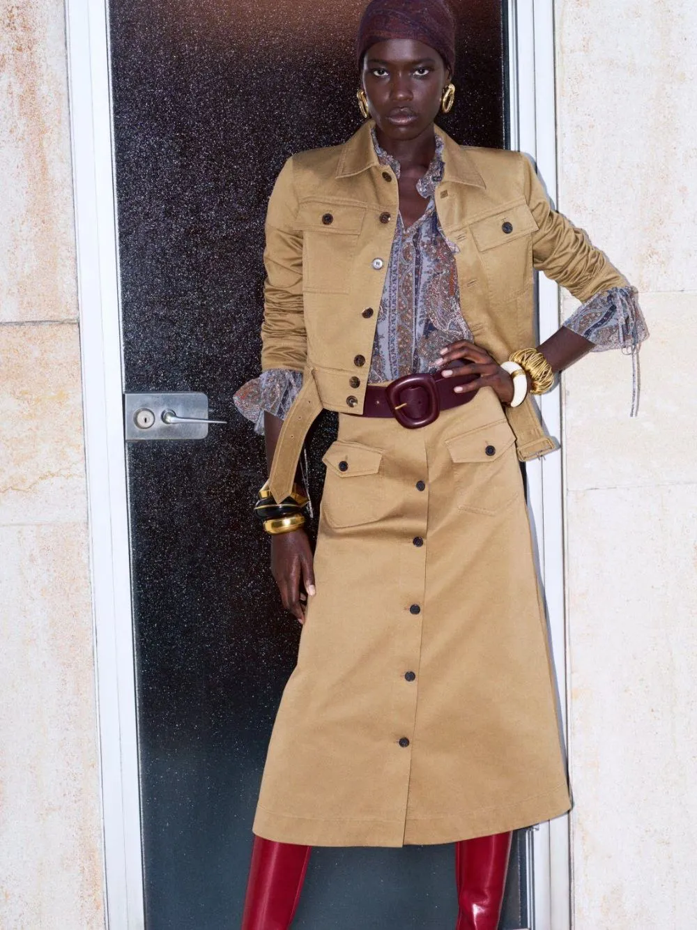 Beige Foncé Cotton Serge Midi Skirt sold by Fashion Clinic