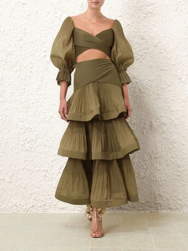 Olive Pleated Tiered Midi Skirt sold by Fashion Clinic