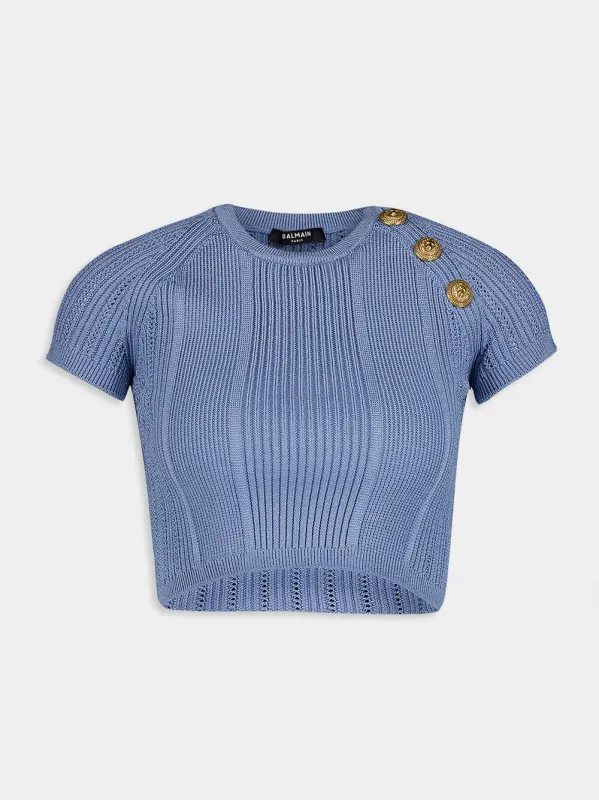 Blue Buttoned Knit Top sold by Fashion Clinic