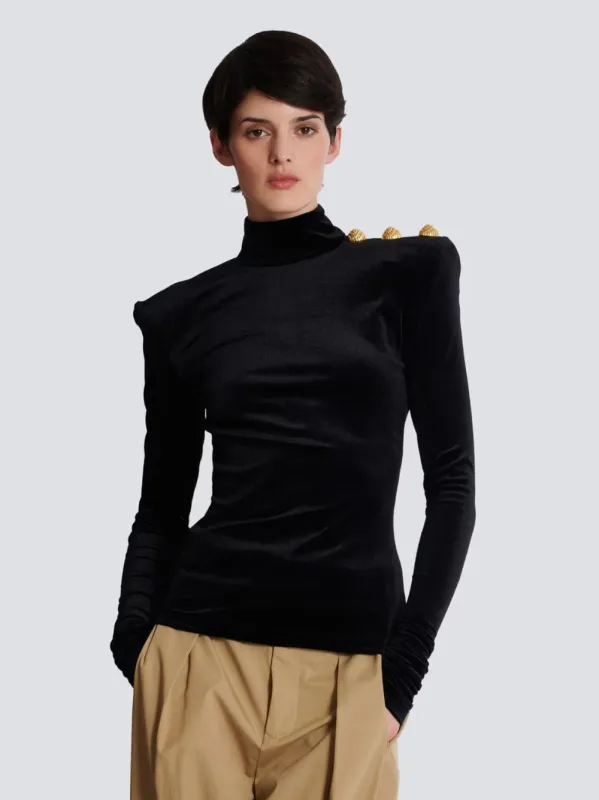 Black Long Sleeved Velvet Top made by Balmain