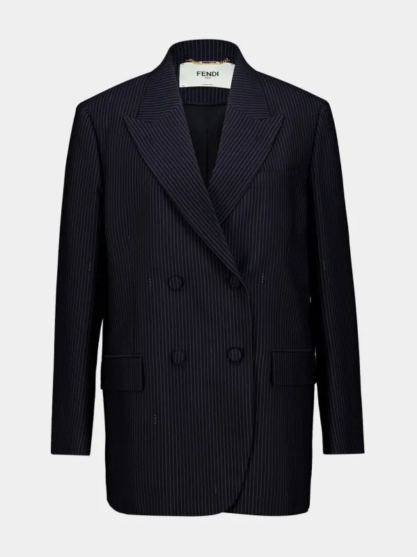 Navy Blue Pinstriped Wool Double-Breasted Blazer sold by Fashion Clinic