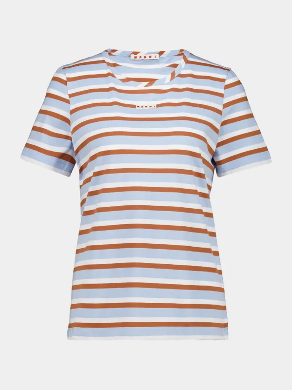 Light Blue and Brown Striped Cotton T-Shirt sold by Fashion Clinic