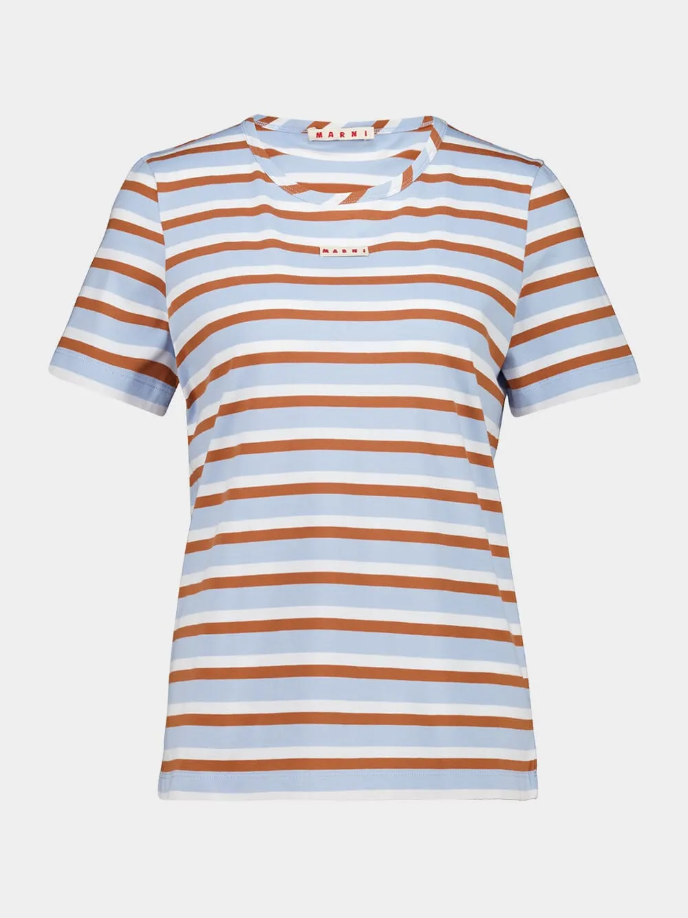Light Blue and Brown Striped Cotton T-Shirt sold by Fashion Clinic