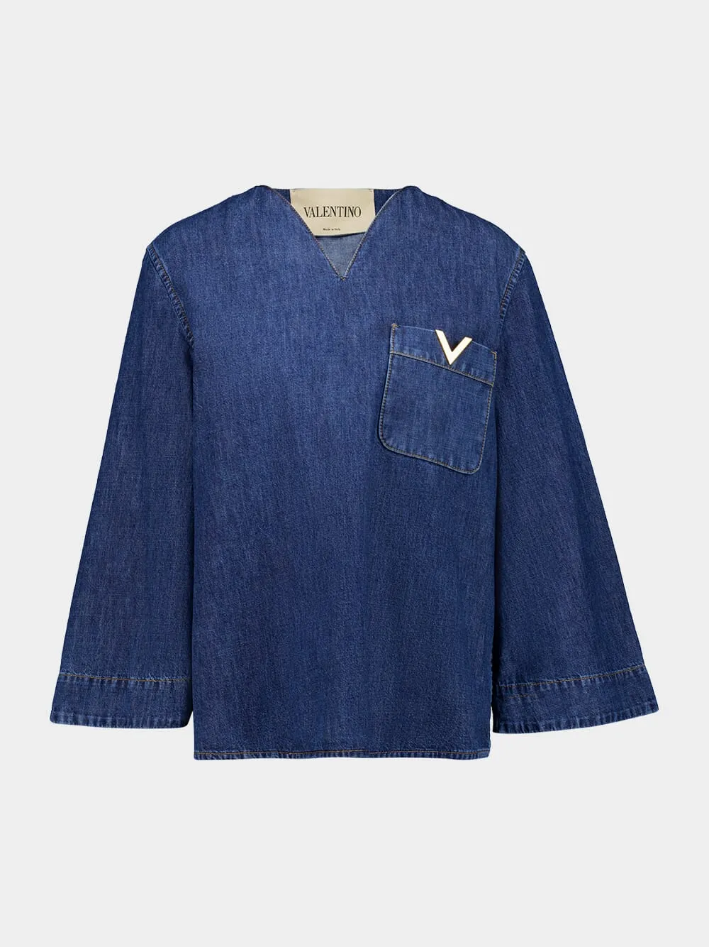 Blue Denim Chambray V-Neck Shirt sold by Fashion Clinic