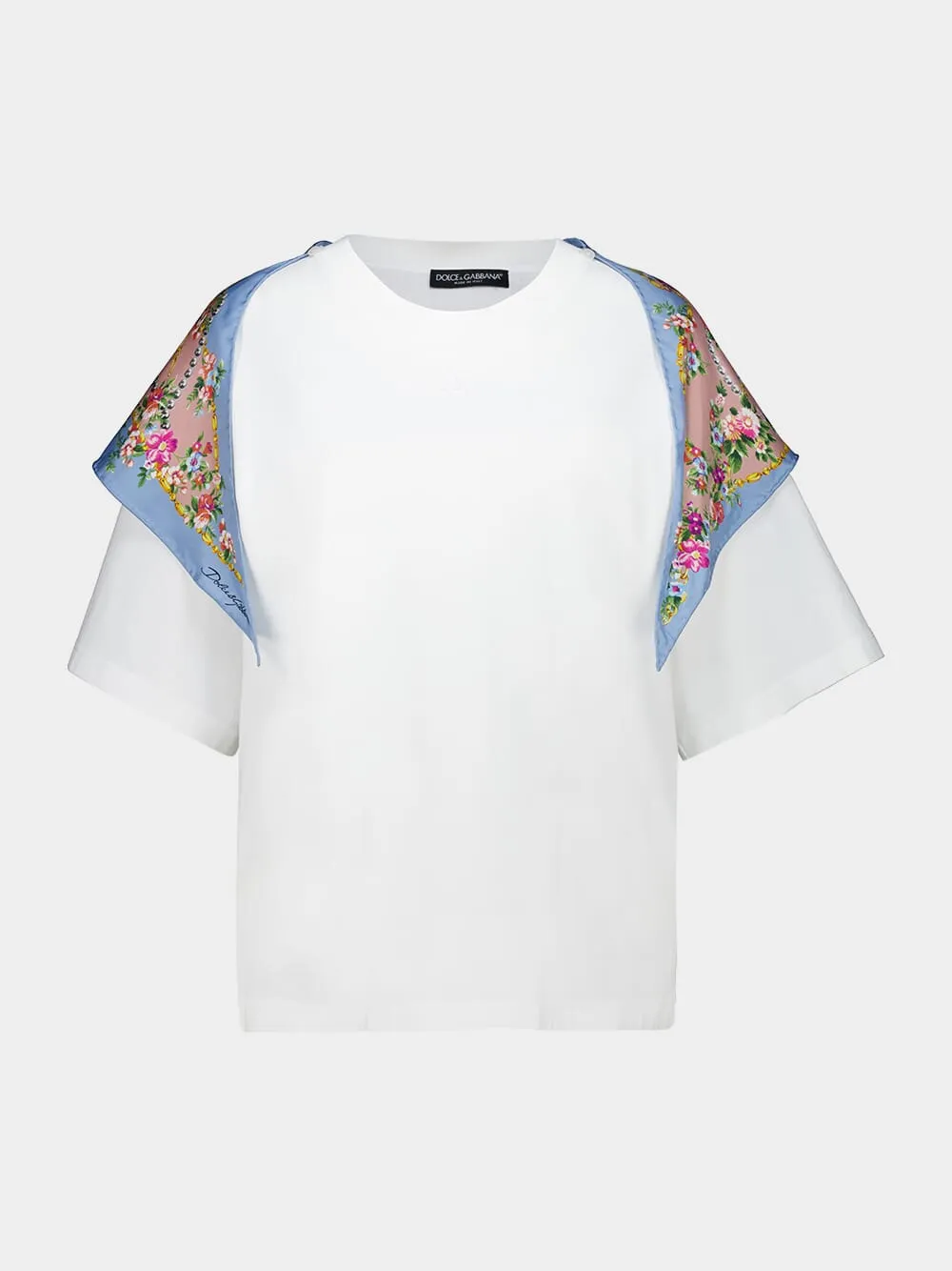 White Cotton T-Shirt with Floral Twill sold by Fashion Clinic