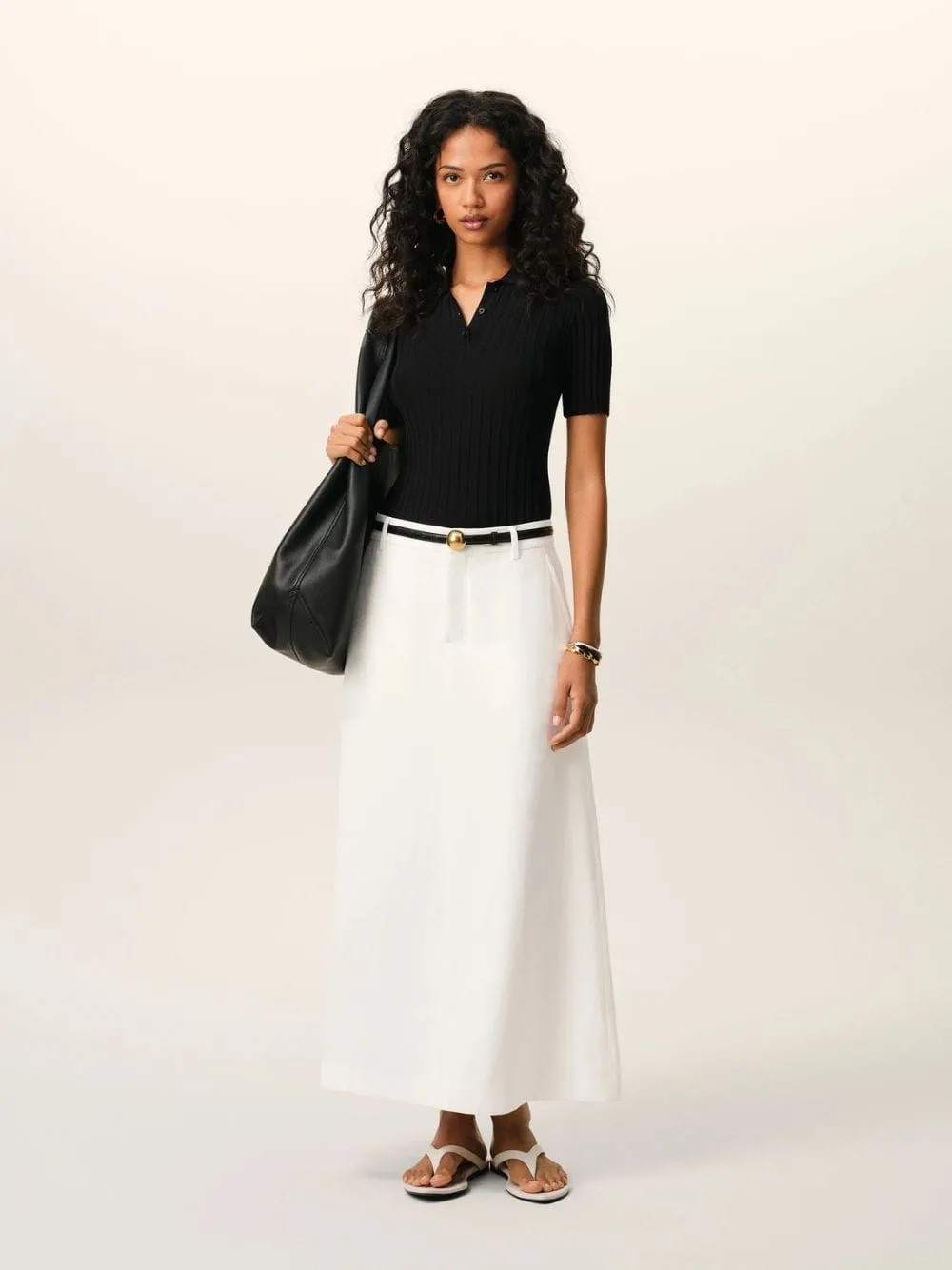 White Cream Linen-Blend Long Trapeze Skirt sold by Fashion Clinic