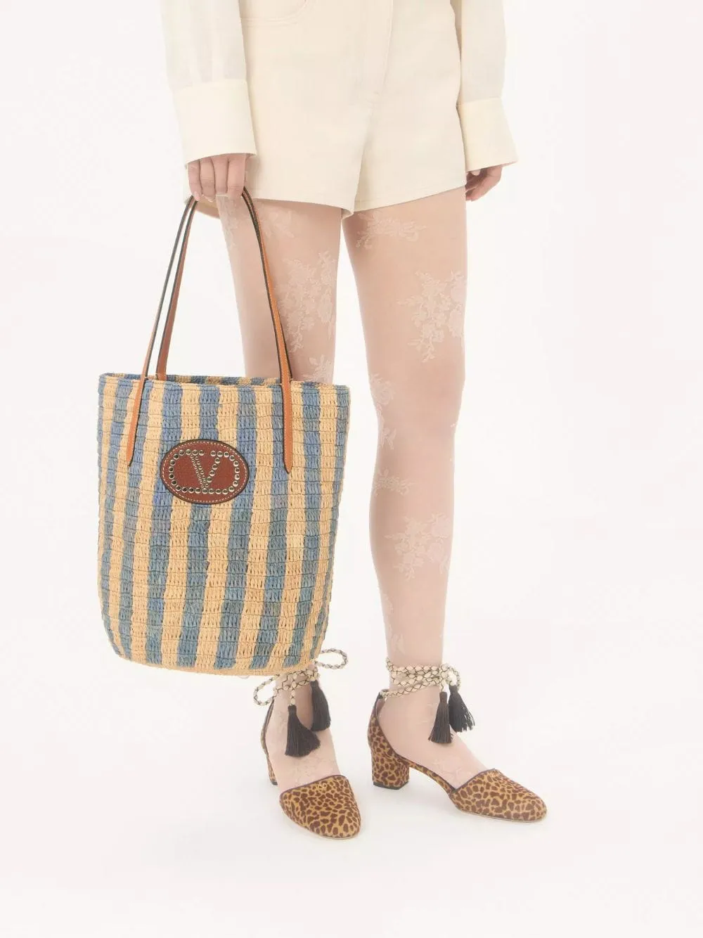 Natural and Blue Striped Raffia Shopping Bag sold by Fashion Clinic product image thumbnail 2
