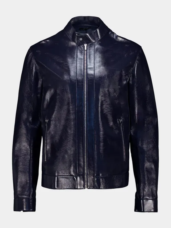 Shiny Blue Leather Biker Blouson Jacket sold by Fashion Clinic