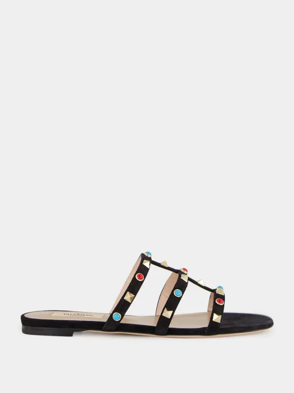 Black Suede Rockstud Flat Sandals sold by Fashion Clinic