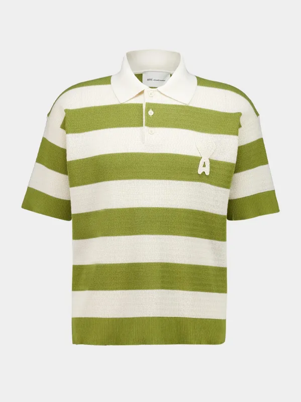 White Cream and Matcha Cotton Striped Polo made by Ami