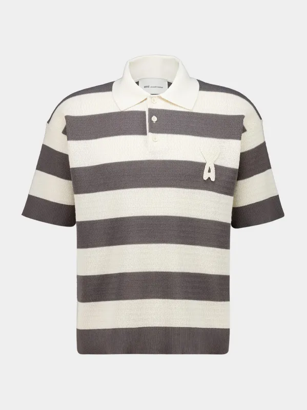 White Cream and Carbone Cotton Striped Polo made by Ami