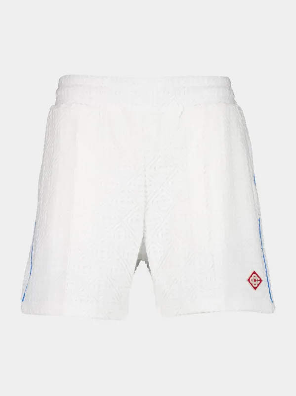 White Tennis Stripe Towelling Shorts sold by Fashion Clinic