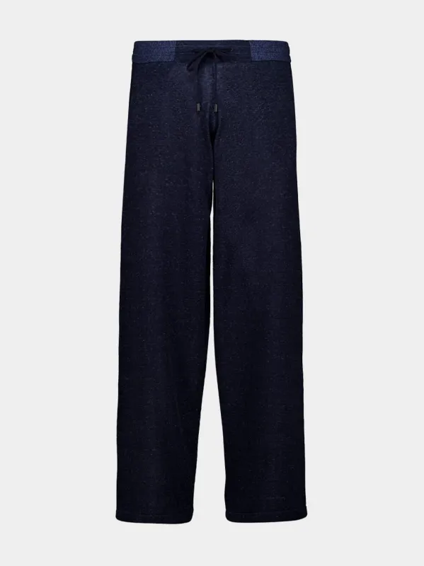 Navy Blue Silk and Linen Wide-Leg Trousers made by Fashion Clinic