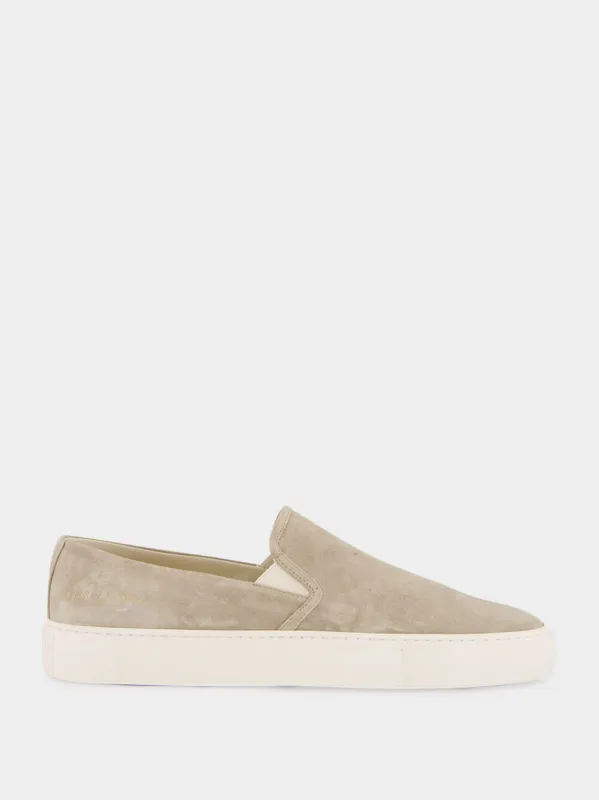Warm Grey Minimal Slip On Low Profile Suede Sneakers sold by Fashion Clinic