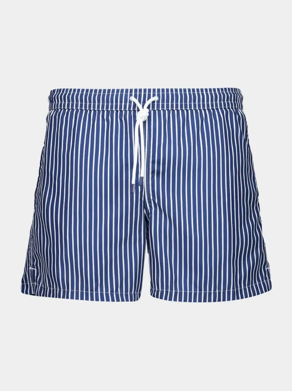 Dark Blue Striped Madeira Swim Trunks sold by Fashion Clinic