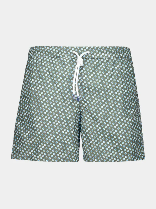 Olive Green Stars Madeira Swim Trunks made by Fashion Clinic