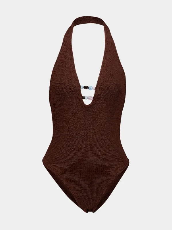 Metallic Chocolate Adriana Beaded Swimsuit made by Fashion Clinic