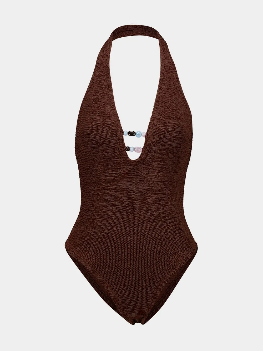 Metallic Chocolate Adriana Beaded Swimsuit sold by Fashion Clinic