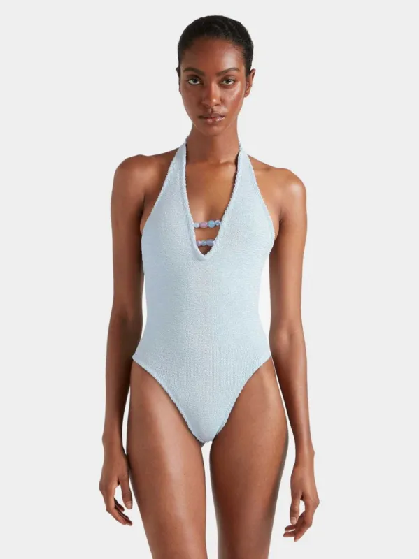 Metallic Ice Blue Adriana Beaded Swimsuit made by Fashion Clinic