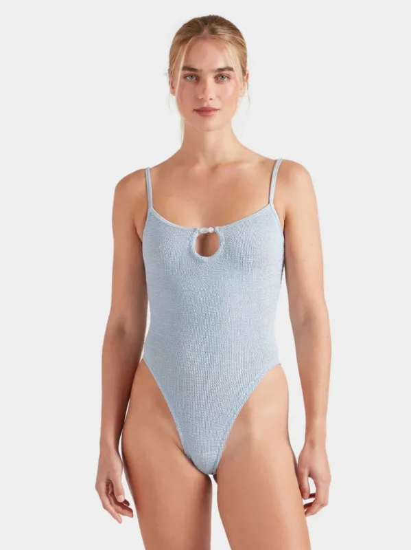 Metallic Ice Blue Mia Beaded Swim made by Fashion Clinic