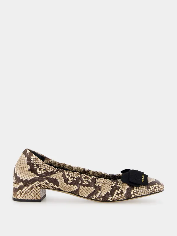 Snakeskin Heeled Ballet Flats with Bow made by Prada